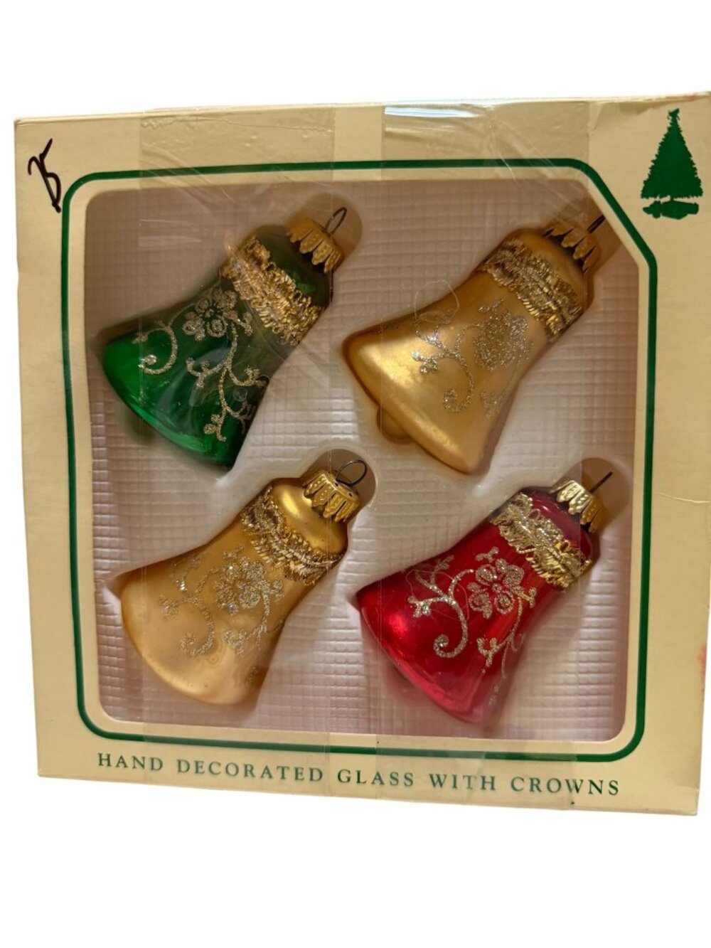 Christmas by Krebs Gold Red Green Glass Ornaments Glitter Bell Box of 4
